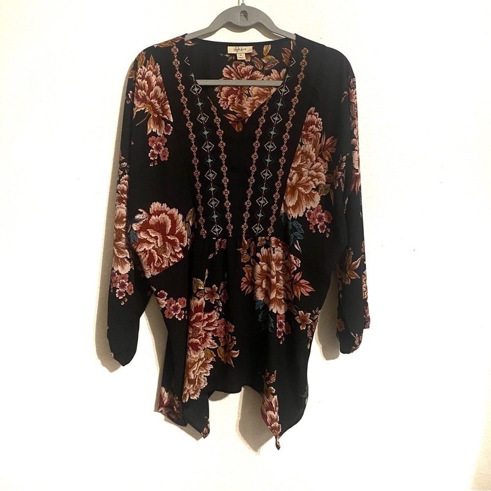 Style & Co Floral Aztec Embroidered Long Sleeve Plus Size Shirt Sz 1X Office